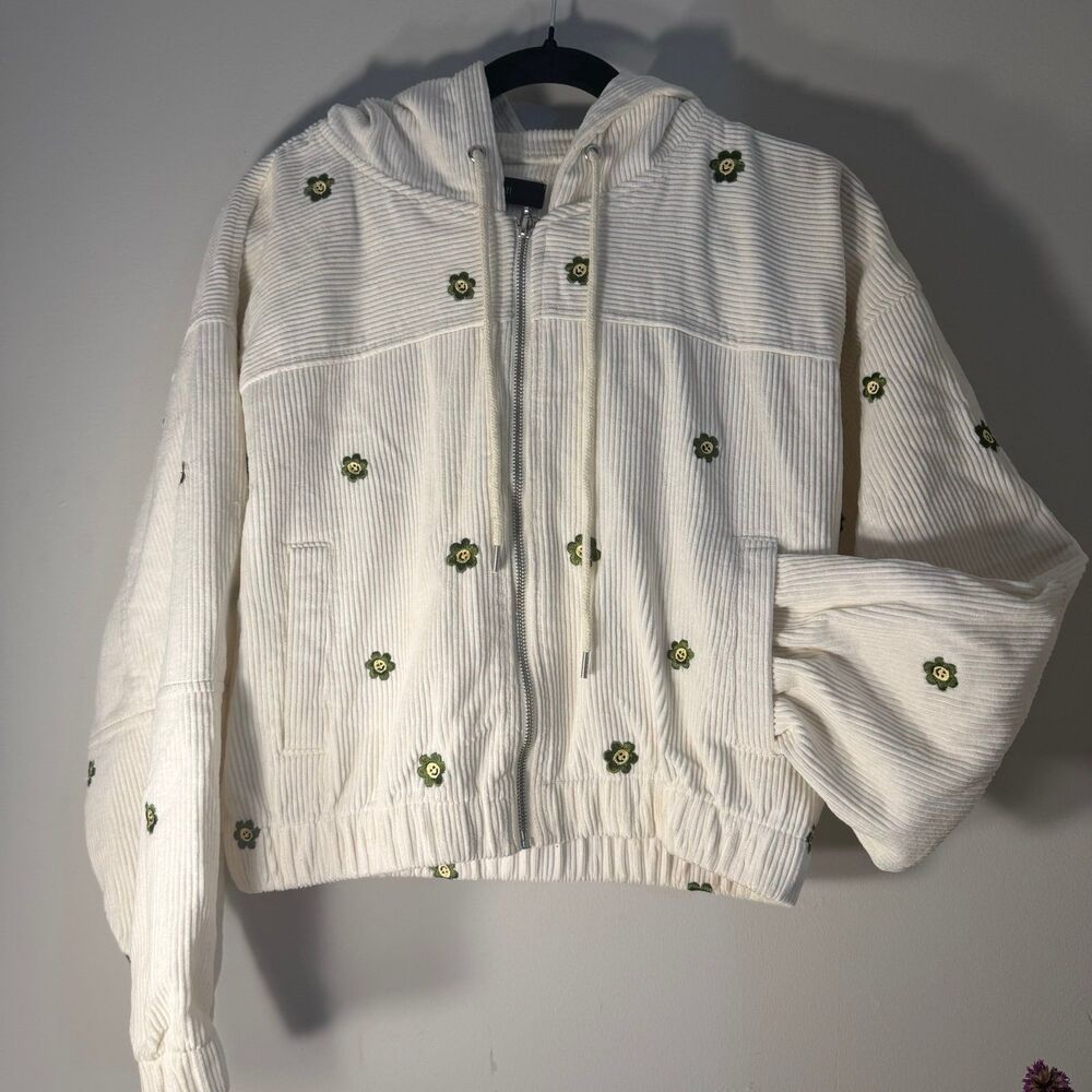 Forever 21 full zip hooded corduroy cream jacket, women’s small